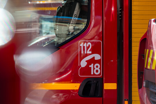 Paris, France - 2 mars 2026: D&eacute;tail d'un v&eacute;hicule d'intervention de la brigade de sapeurs-pompiers de Paris (BSPP), unit&eacute; militaire fran&ccedil;aise assurant la lutte contre les incendies et les secours
