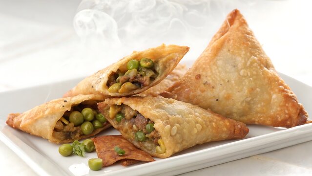 Triangular samosas with peas and meat on white background With shadow. AI GENERATED.