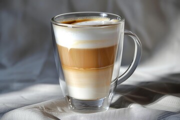 Naklejka premium Freshly brewed latte macchiato coffee with distinct layers and frothy top, served in a stylish double walled glass cup on a white tablecloth