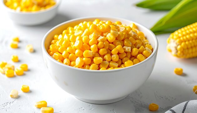 A white bowl filled with corn kernels on a table