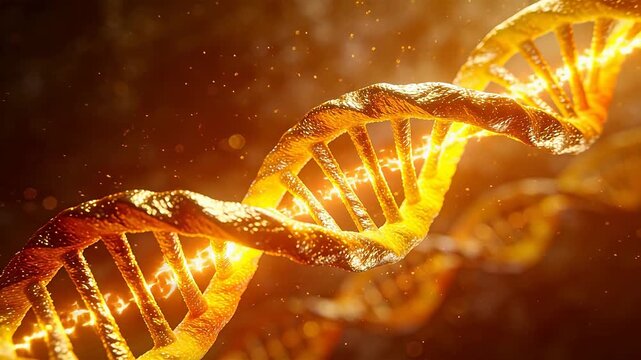 Golden DNA double helix structure with particle background