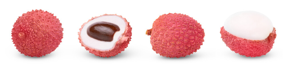 Fresh juicy pink lychee and half of lychee with seed and peeled half of lychee isolated collection, set.