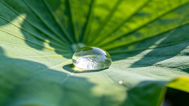 Clear water droplet on green lotus leaf vein texture background