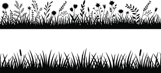 Black silhouette of wild grass and plants with floral diversity and simple tall grass design, natural ground cover illustration for eco, garden, and landscape themes © Ariful
