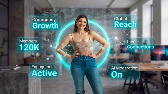 Community manager woman monitoring global social network growth
