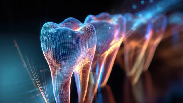 Digital Dental Art: A luminous depiction of teeth, rendered with glowing digital artistry, showcasing the intricate structure and brilliance of dental health. 