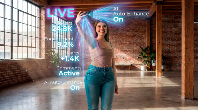 Influencer woman streaming live with AI enhanced social metrics