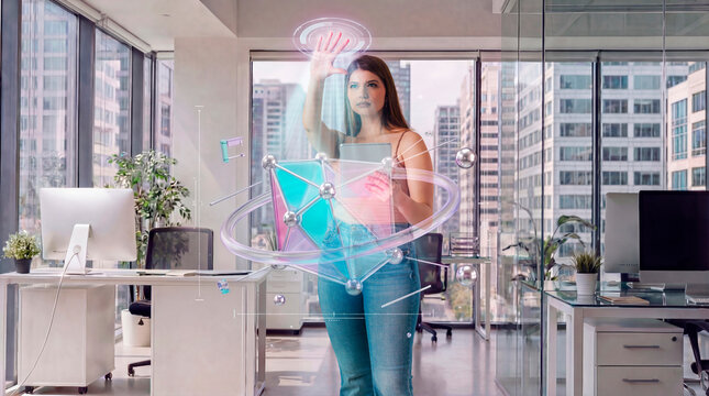 Woman analyzing holographic data model in modern office