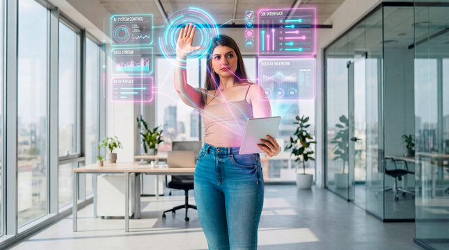 Woman controlling holographic AI interface in modern office