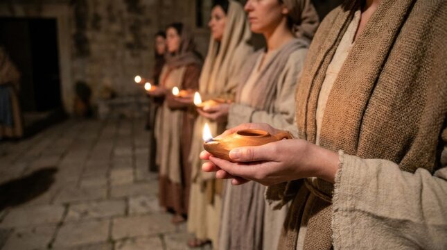 Women holding clay oil lamps in a line. Biblical parable of the ten virgins from the New Testament. Historical reenactment of faith, anticipation, light, and spiritual religious service.