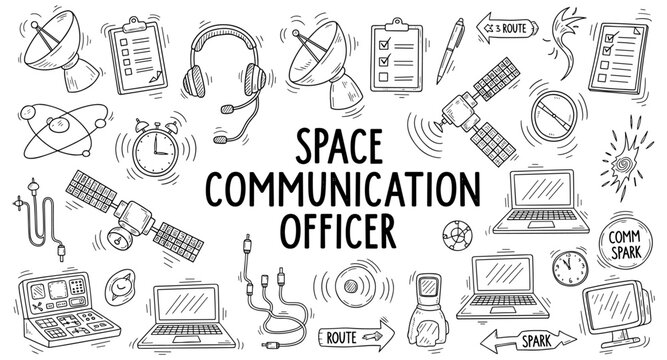Space communication officer career concept with doodle icons and text