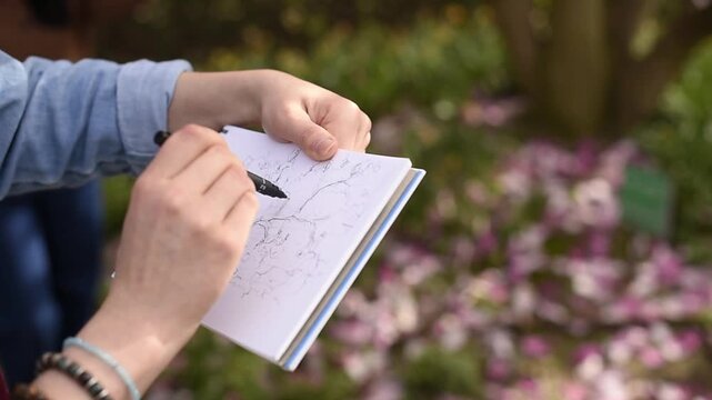 Close up of a person's hands drawing tree branches in a spiral sketchbook with a black pen in a park during spring.
