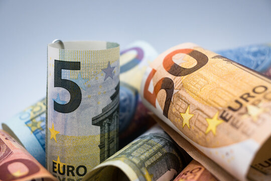 Low denomination Euro banknotes, the European currency.
