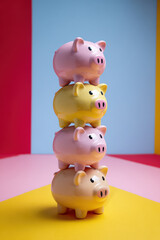 Obraz premium Stacked pink piggy banks on colorful background symbolizing savings and finance