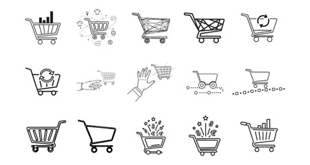 Collection of diverse shopping cart icons illustrating e-commerce and online shopping concepts. © MdShohidul
