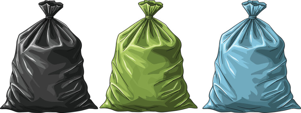 Plastic garbage bags collection in black, green and blue colors, waste disposal trash bag vector illustration set