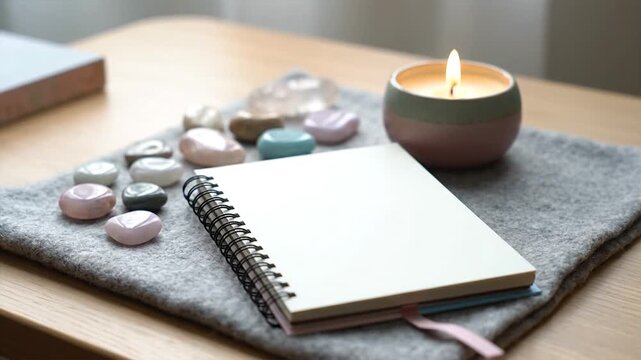 Notebook and candle on table with stones peaceful still life