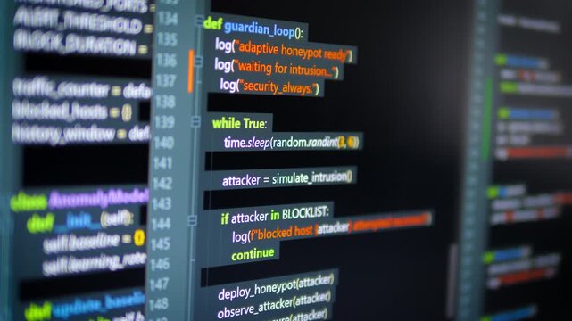 Close up computer monitors displaying fictional programming code and software development interface, technology workspace concept