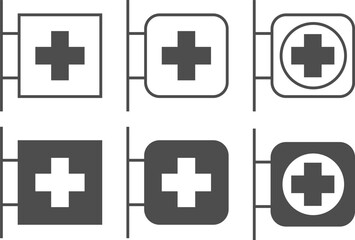 Obraz premium Six different medical arm patch icons are displayed, each with a plus sign