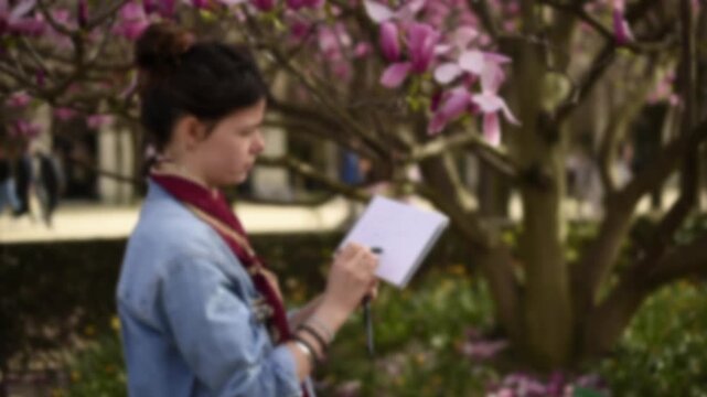 A blurred shot of a woman artist sketching in a notebook with pink magnolia trees in the background at the Luxembourg Garden in Paris during spring.