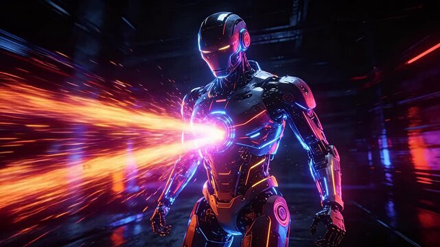 Futuristic robot with neon lines and glowing core in dark space
