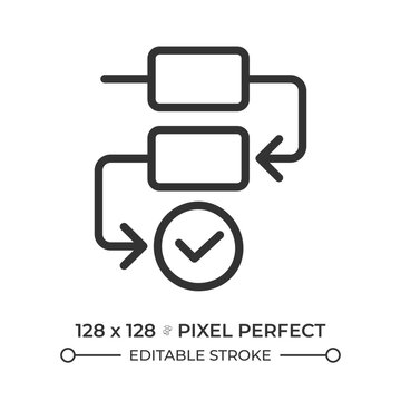 Process flow pixel perfect line icon. Logical workflows, professional growth. Sequential tasks, career paths. Isolated vector illustration. Outline symbol. Simple linear drawing. Editable stroke
