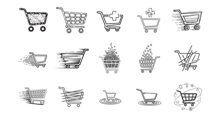 Diverse collection of shopping cart icons representing e-commerce and online shopping. © MdShohidul
