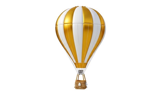 Hot air balloon with gold and white stripes and wicker basket isolated on white background