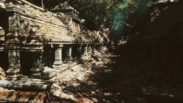 Shadowed ancient temple corridor under canopy ruined colonnade, deep shadows, narrow passage, shafts of light. Explorer maps forgotten crypts, historian