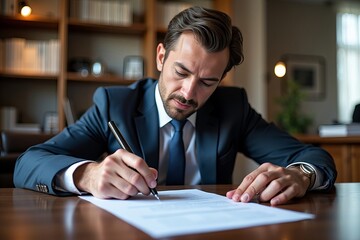 Obraz premium Lawyer diligently reviewing and mediating contract document at desk with focused expression