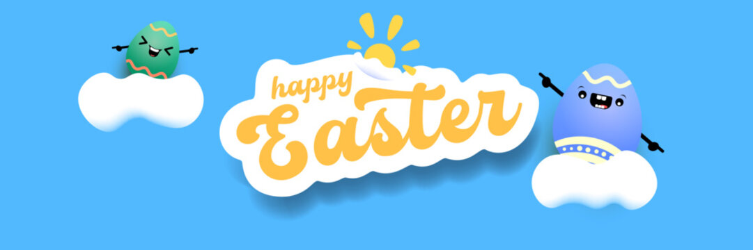 Happy Easter horizontal banner with cute smiling egg character. Funny easter cartoon illustration with sun and clouds on blue sky background for kids holiday celebration. Vector graphic art.