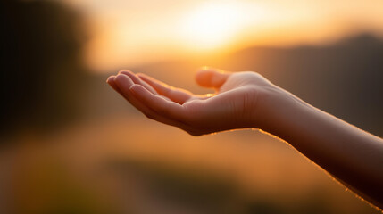 Warm serene image of welcoming hand extending invitation, peaceful expression against golden sunset background, evoking compassion and guidance, spiritual reaching gesture, faceles