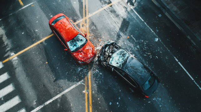 Overhead view of a head on road traffic car crash