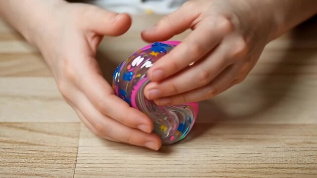 A man stretches a transparent slime with confetti.
His hands are holding a transparent pink slime with colorful stars and floral sequins on a wooden table.