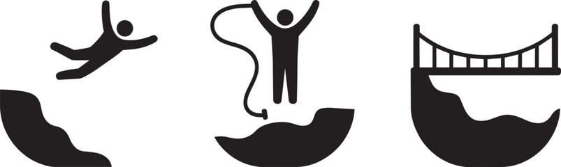 Extreme sport silhouettes featuring bungee jumping cliff diving and suspension bridge over water © MC Creative
