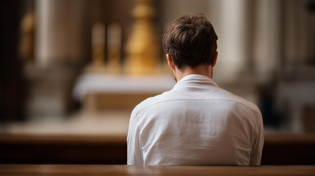 Man praying on bench in Christian church, male worship in sanctuary, seated prayer moment, ecclesiastical devotion display, congregational meditation scene, faceless praying figure