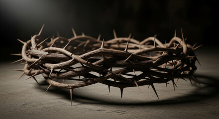 Fototapeta premium Detailed View of a Rustic, Thorny Crown Resting on a Textured Surface, Evoking a Sense of Solemnity and Symbolism