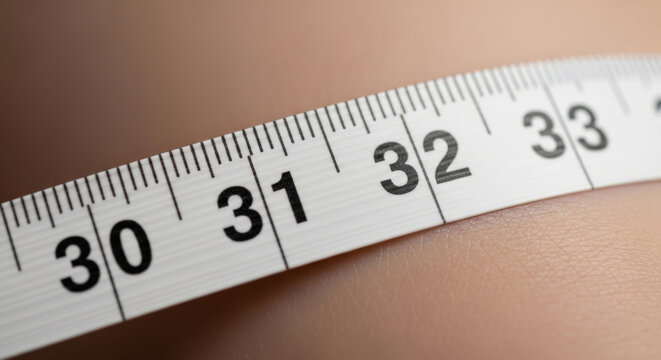 Close-up of a Measuring Tape Resting on a Smooth Surface, Highlighting the Numbers 30 to 33, Symbolizing Measurement and Precision