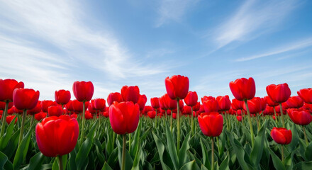 Fototapeta premium Vibrant Field of Red Tulips Against a Clear Blue Sky, Creating a Floral Landscape in Spring