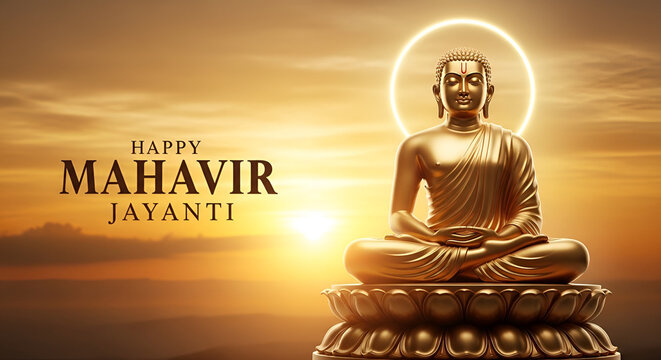 Mahavir Jayanti golden statue meditation with halo light spiritual jain religion peace wisdom faith culture devotion festival greeting background
