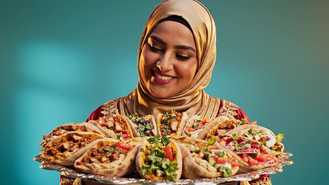 Woman in hijab holding tacos plate.