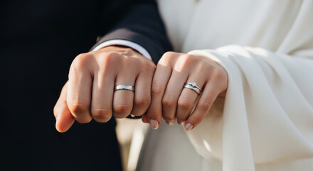 Obraz premium Close-up of a Couples Hands Showcasing Their Wedding Rings, Symbolizing Love and Commitment