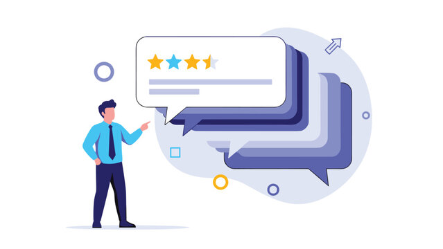 Businessman indicating a three-star customer review in a speech bubble, symbolizing client feedback, product rating, and the importance of service improvement.