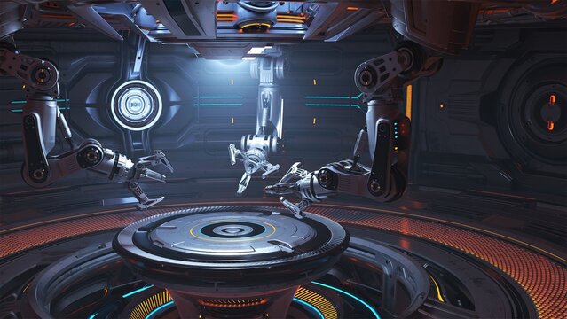 Futuristic robotic factory interior with advanced mechanical arms working on automated production platform, sci-fi industrial technology concept.