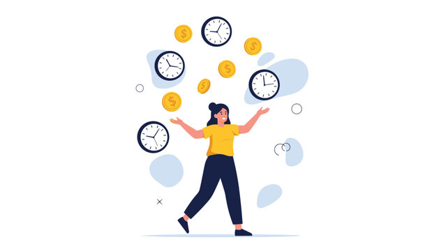 Resourceful woman skillfully juggling multiple clocks and dollar coins, symbolizing effective time management, financial planning, and balancing work-life responsibilities.