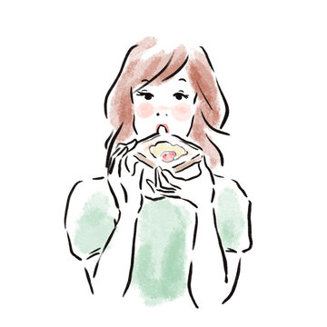 パンを食べるおしゃれな日本人女性広告素材