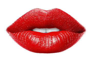 Fototapeta premium Red glossy lips smiling, showing white teeth, expressing beauty, sensuality, makeup, and femininity on transparent background