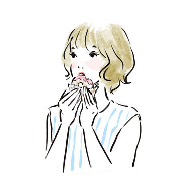 ドーナツを食べるおしゃれな日本人女性広告素材