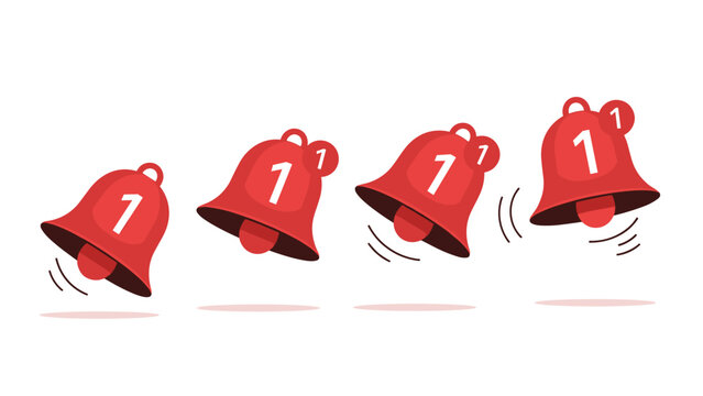 Dynamic set of four red bell icons with a "1" notification, showing active movement, symbolizing new alerts, urgent messages, and important notifications.