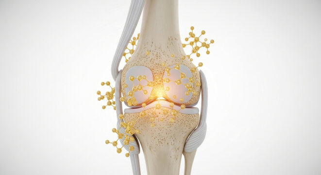Detailed Illustration of a Human Knee Joint, Showcasing Cartilage, Ligaments, and Molecular Structures Around the Joint
